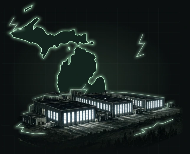 Electric Shoreline — glowing Michigan outline with a data center complex. Brand illustration, not a specific project.